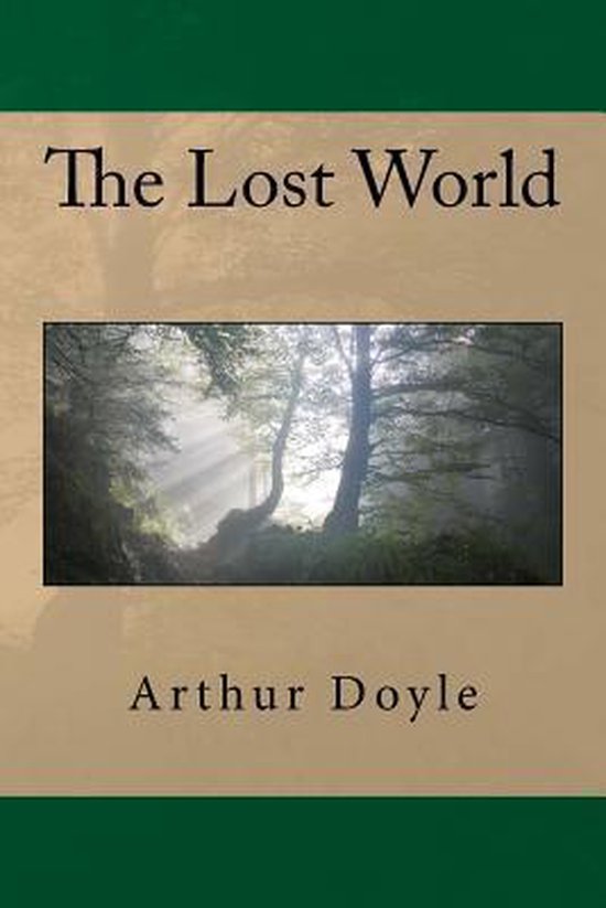 Boek 'The Lost World' van Arthur Doyle, met een mistige bosafbeelding.