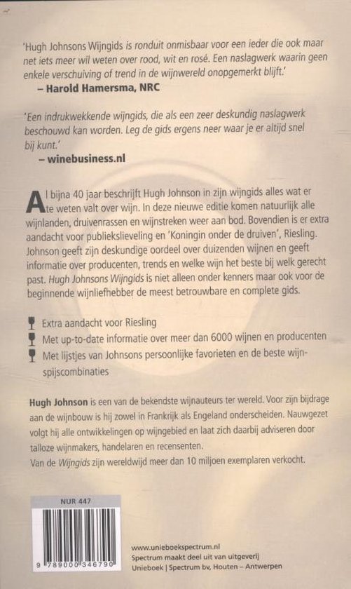 Boekomslag van 'Hugh Johnsons Wijngids' met tekst en ISBN-barcode.