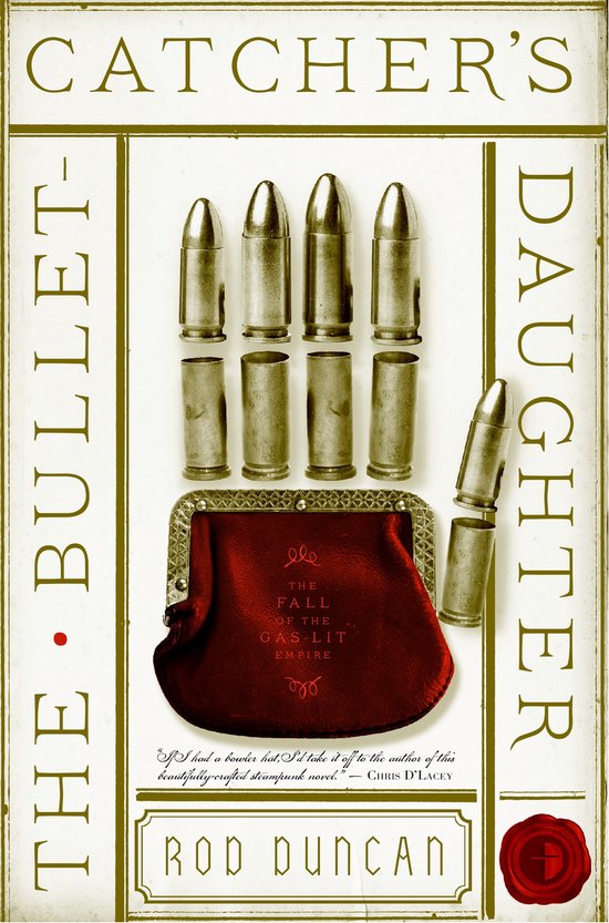 Boekomslag 'The Bullet-Catcher's Daughter' met kogels en een rode portemonnee.