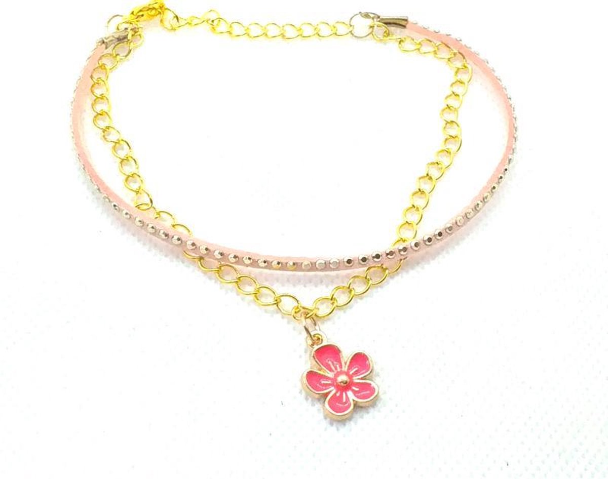 2 Love It Golden Flower - Enkelbandje - Suède & Goudkleurig - Met studs - 20 t/m 25 cm