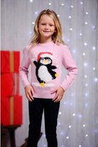 Roze kersttrui voor kinderen dansende pinguin 3/4 jaar (104/110)