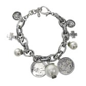Behave® Schakel armband zilver-kleur met parels en bedels 17,5 cm