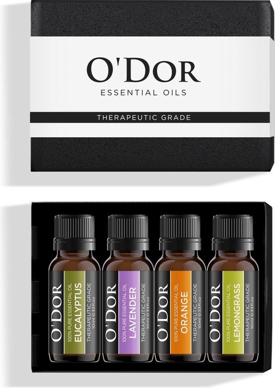 O'dor® Essentiële Etherische Olie Aromatherapie Cadeau Set van 4 - 100% puur Therapeutische-Grade Aroma Olie - Premium Kwaliteit : Lavendel, Orange, Eucalyptus, Lemoengras,