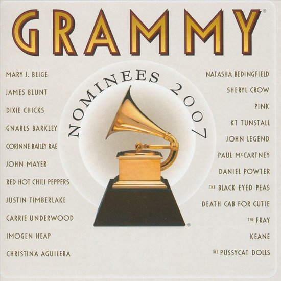 Grammy Nominees 2007 met gouden grammofoon trofee en namen van artiesten.