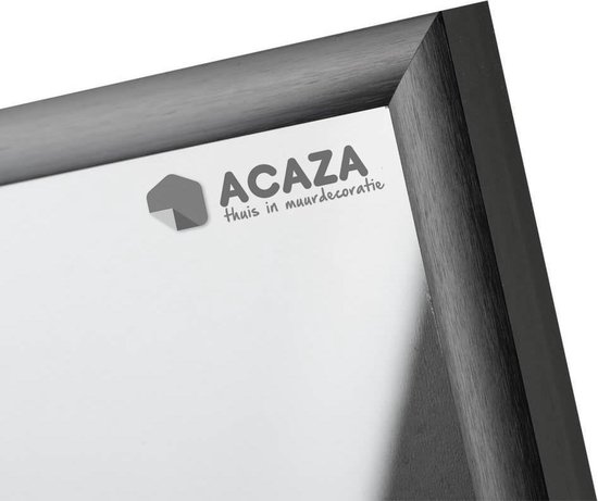 Zwarte lijst met ACAZA logo en 'thuis in muurdecoratie' tekst.