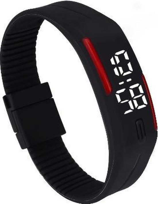 LED Horloge GADGET (valt groot) Kinderen Tieners - Rubber - 20 mm – Zwart/ Rood – geschikt vanaf 12 jaar - I-deLuxe verpakking - I-deLuxe