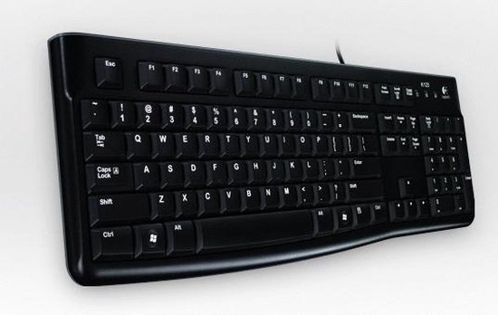 Zwart Logitech toetsenbord, schuin van voren gezien met de nadruk op het ontwerp.