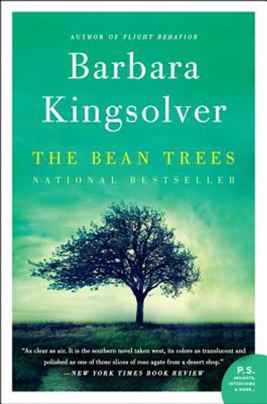 Boekcover van "The Bean Trees" door Barbara Kingsolver, met een boom op een veld onder een dramatische lucht. National Bestseller.
