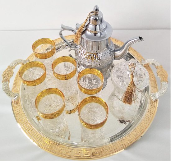 Worden Bachelor opleiding Mew Mew Complete Marokkaanse theeservies met 6 Marokkaanse glazen met gouden rand,  een... | bol.com