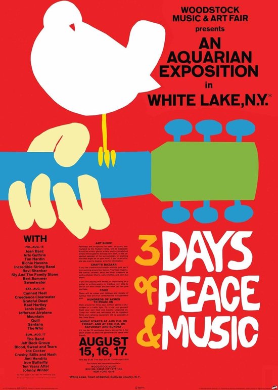 Festival de Woodstock paix et musique pigeon Jimi Hendrix-The Who-Baez-affiche 61x91.5cm.