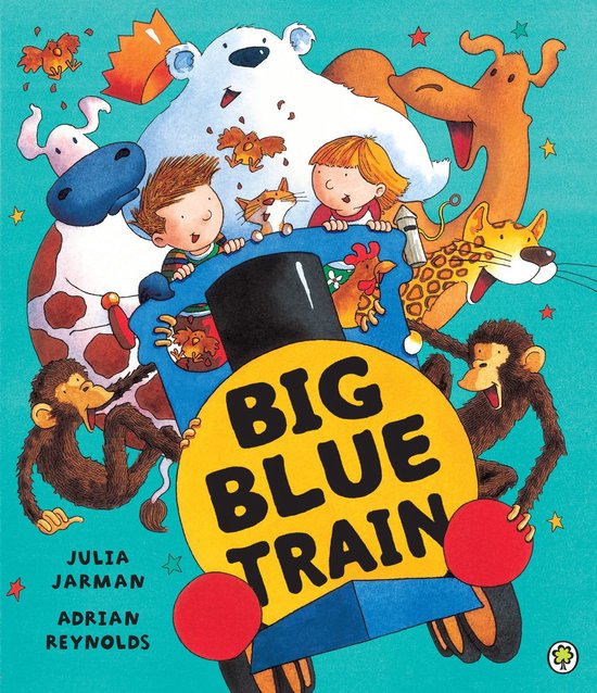 Boekkaft met de titel 'BIG BLUE TRAIN' in grote gele letters, met illustraties van kinderen en dieren in en op een blauwe trein.