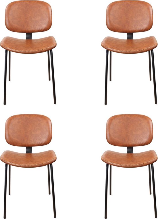 DS4U® Janneke eetkamerstoel - stoel - industrieel - PU leer - kunstleer - zwart metaal - staal - vintage cognac - set van 4