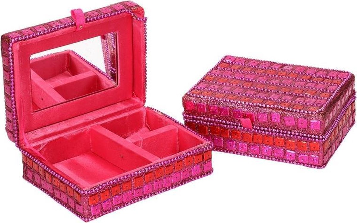 Roze roze sieradenkistje met glitters 8 x 10 cm - Juwelenkistje/sieradendoosje met spiegel - Merkloos