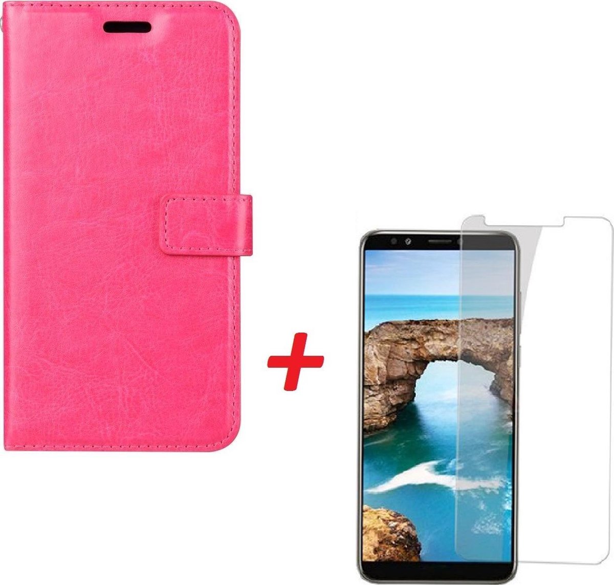 Telefoonhoesje Geschikt voor: Huawei Y7 2018 Portemonnee hoesje roze met Tempered Glas Screen protector