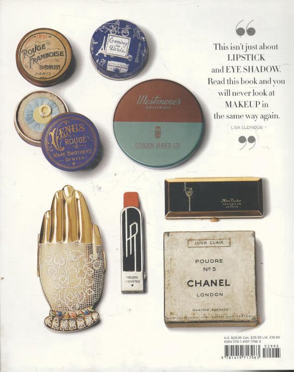 Boek met vintage make-up verpakkingen: handvormige parfumfles, diverse blikken en poederdozen.
