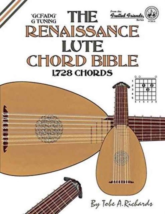 Boek met de titel 'The Renaissance Lute Chord Bible' met 1.728 akkoorden, G-stemming, met illustraties van een luit.