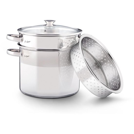 Lamart Pasta | 3 dlg Pasta Pan | ø22cm / 6 Liter | Ersteklas Roestvrij Staal RVS 18/0 | Stoompot Functie | Glazen Deksel | Alle Soorten Kookplaten | 3 Jaar Garantie