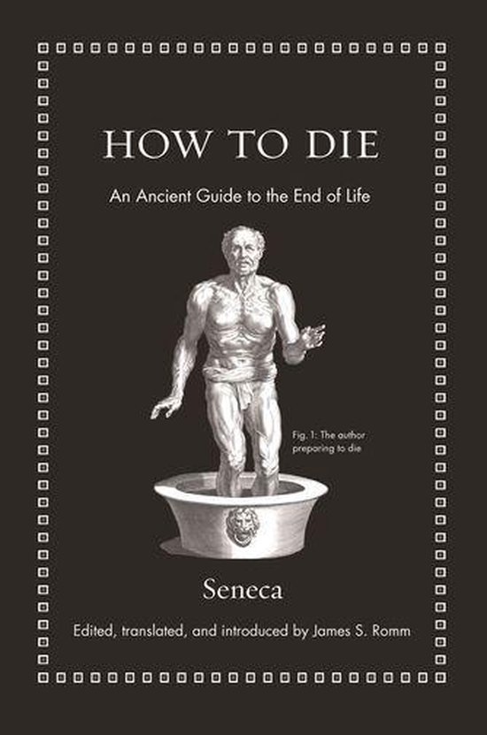 Boekhoes met de titel "HOW TO DIE" en een illustratie van een man in een badkuip. Van Seneca.