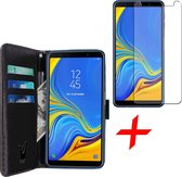 Samsung Galaxy A7 (2018) Hoesje Book Case met Pasjeshouder Zwart + Screenprotector Gehard Glas - Wallet van iCall
