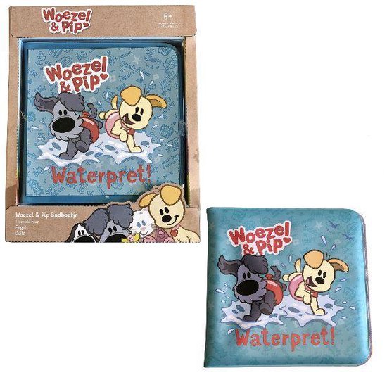 Blauw badboekje met Woezel en Pip in een waterplas, met de tekst 'Waterpret!', in verpakking.