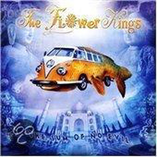 Albumhoes 'The Flower Kings - Sum Of No Evil' met een Volkswagenbusje dat deels vis is, met een tempel op de achtergrond.