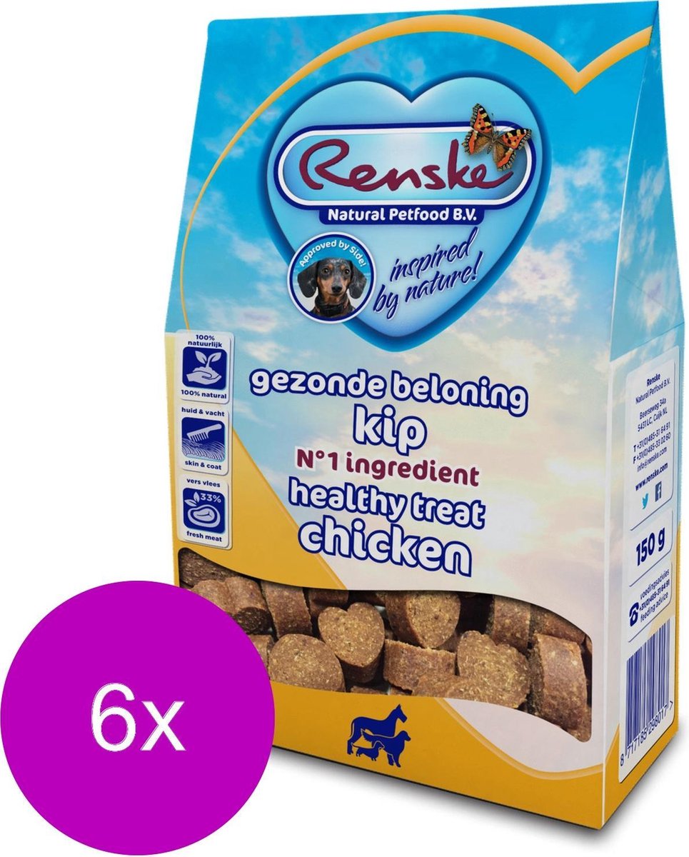 Renske Gezonde Beloning Hartjes 150 g - Hondensnacks - 6 x Kip