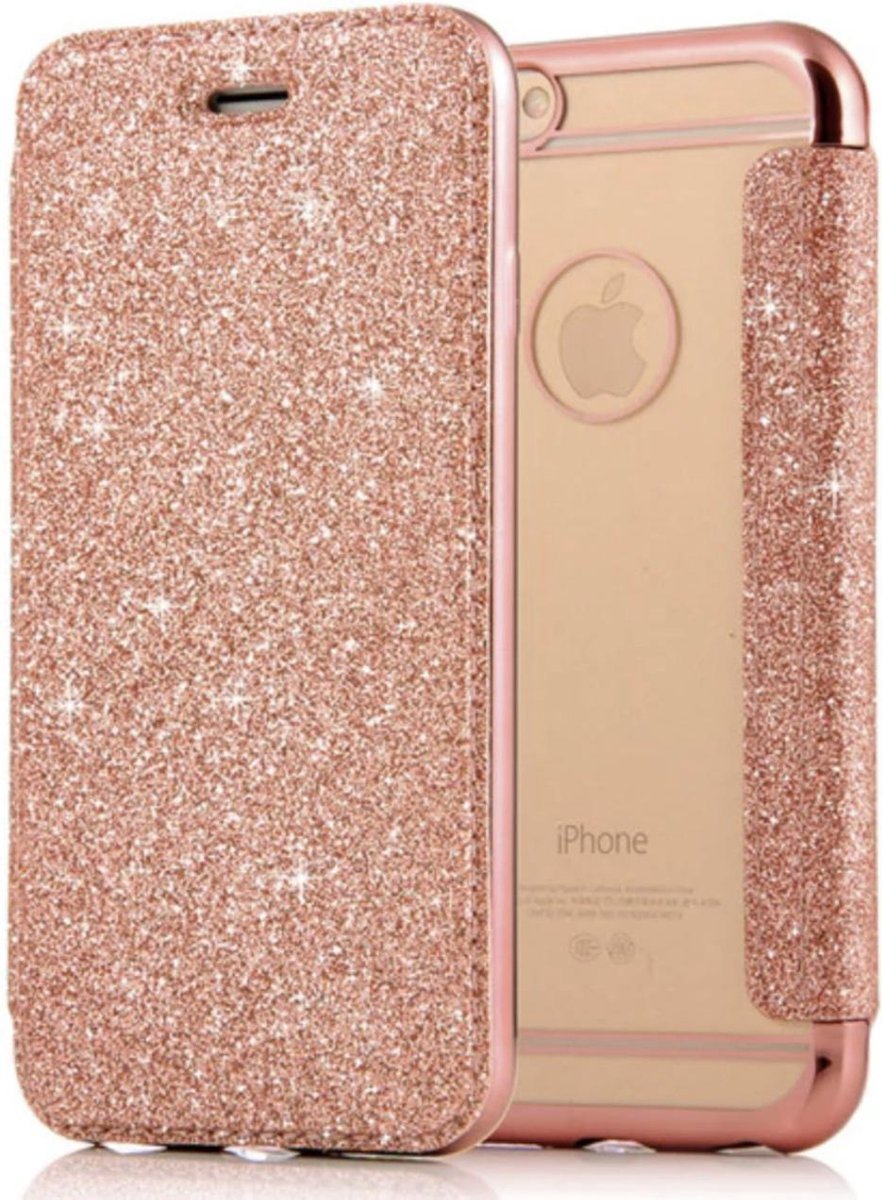 Geschikt voor Apple iPhone 7 - 8 Flip Case - Roze - Glitter - PU leer - Soft TPU - Folio