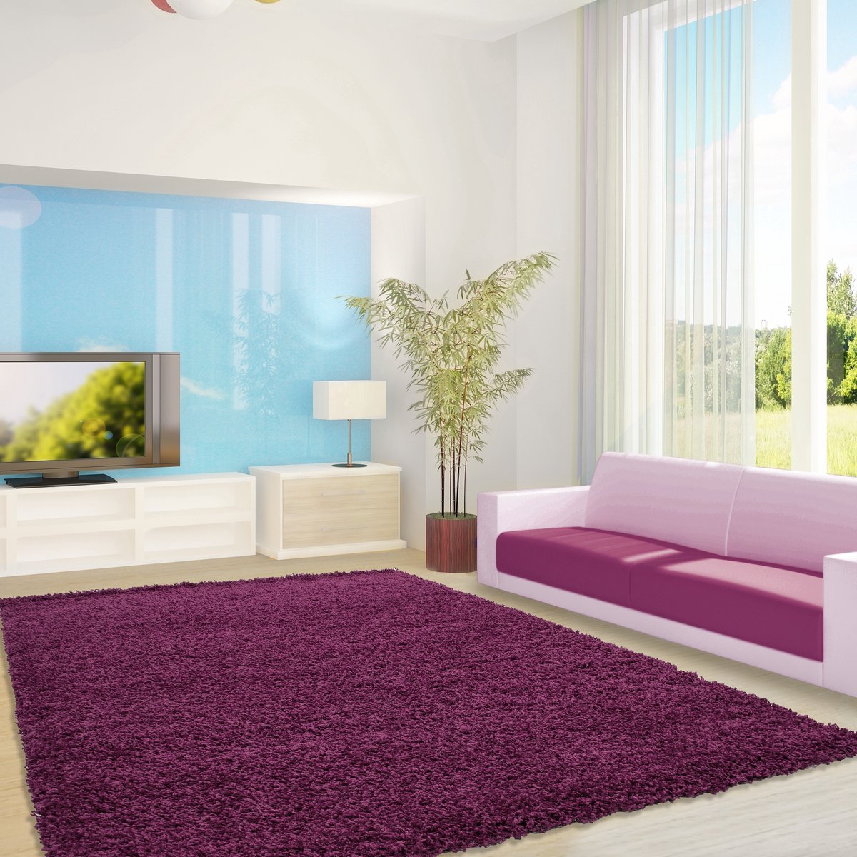 Hoogpolig vloerkleed, effen kleur - violet, vloerkleed voor de woonkamer, jute achterkant, afmeting: 300 cm x 400 cm