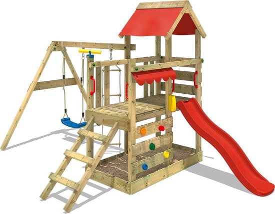 WICKEY speeltoestel klimtoestel TurboFlyer met schommel en rode glijbaan, outdoor klimtoren voor kinderen met zandbak, ladder en speelaccessoires voor de tuin