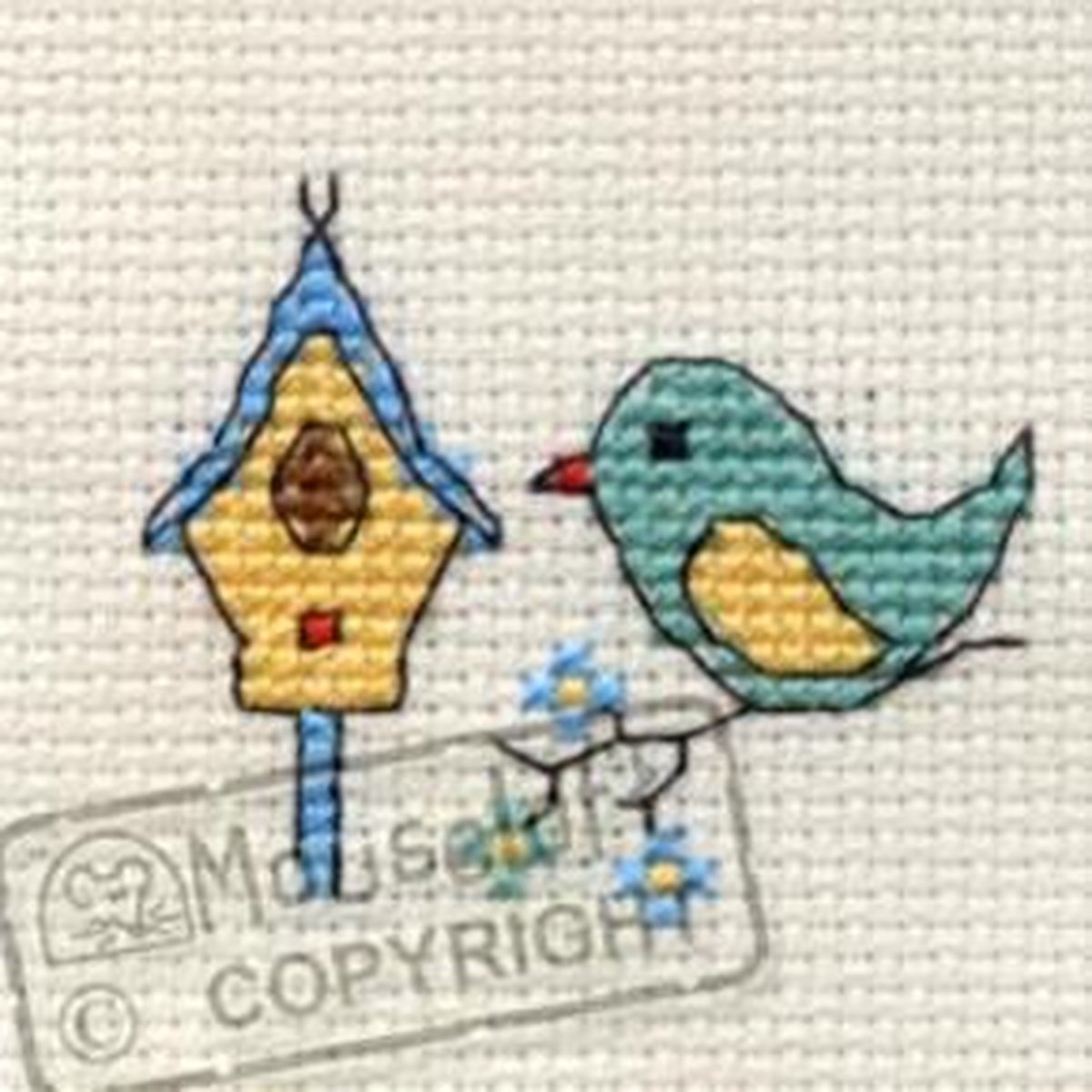 Mini Borduurpakketje ( 6 x 6 cm ) Vogel Met Vogelhuisje - Mouseloft