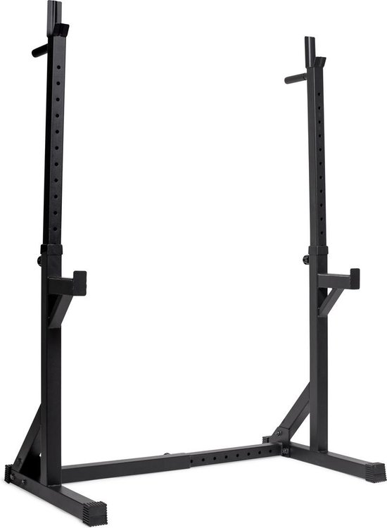 Zwarte VirtuFit Squat Rack, verstelbaar, met haltersteunen.
