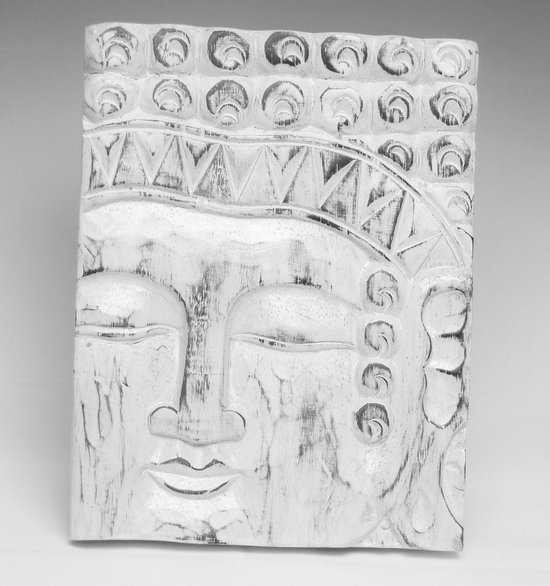Soranthe- Boeddha- White Wash- handgemaakt-handgeschilderd- authentiek houten Boeddha- paneel