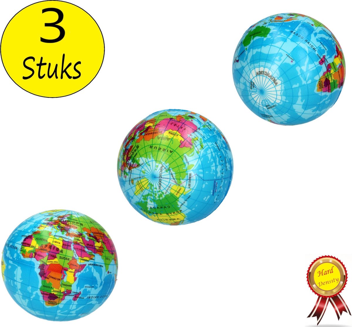 Stressbal Hard Density 3 Stuks – 6 cm – Anti Stress– Wereldbol