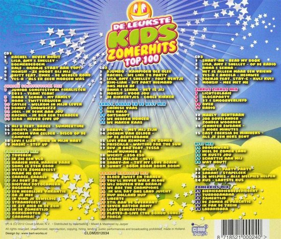 Achterkant van de "De Leukste Kids Zomerhits Top 100" CD, met songtitels op paarse achtergrond.