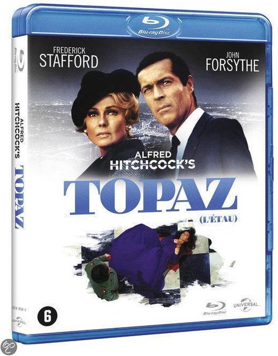 Blu-ray hoes: Alfred Hitchcocks Topaz met Frederick Stafford en John Forsythe. Een vrouw ligt op een schaakbordpatroon.