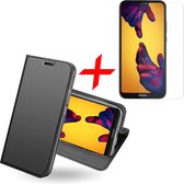 Huawei P20 Lite Hoesje Bookcase Cover Wallet Grijs + Tempered Glass Screenprotector - van iCall