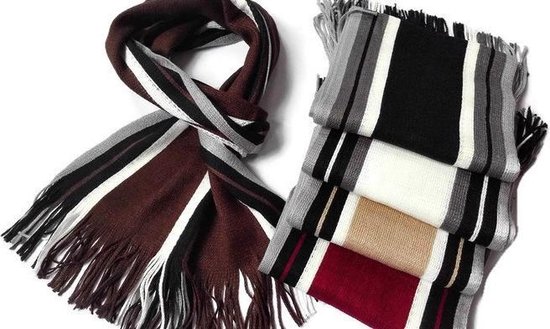 Heren sjaal - acryl - gestreept - bruin - zwart - grijs - wit - 23 x 180 cm