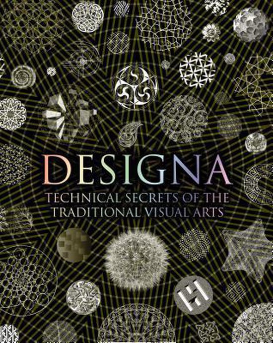 Boek met de titel DESIGNA, TECHNICAL SECRETS OF THE TRADITIONAL VISUAL ARTS, met een zwarte achtergrond met cirkelvormige patronen en geometrische ontwerpen.