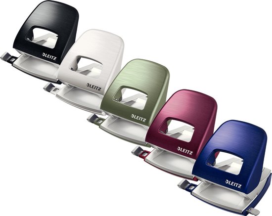 Vijf Leitz perforators in verschillende kleuren: zwart, zilver, groen, paars en blauw.