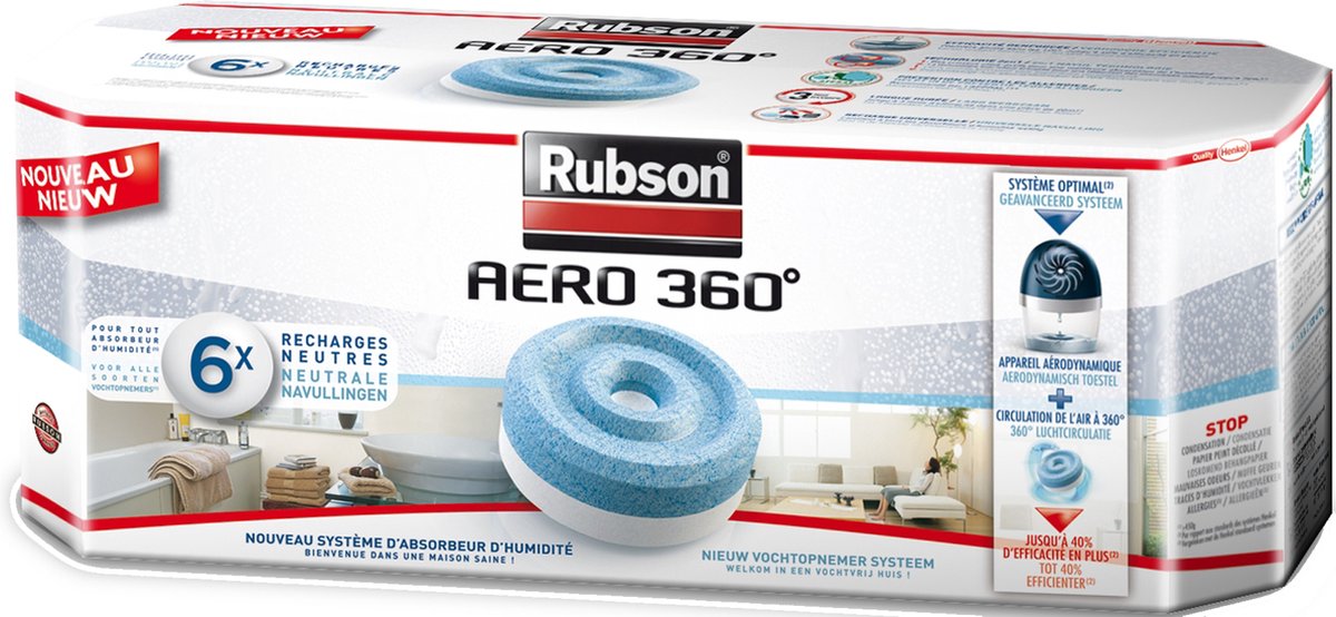Absorbeur d'humidité Rubson Aero 360 - pièces jusqu'à 40m² - plus 6  recharges neutres