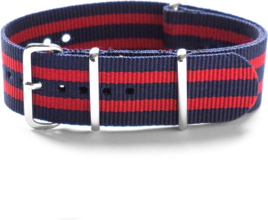 Premium Navy Blue Red - Nato strap 20mm - Stripe - Horlogeband Navy Blauw Rood