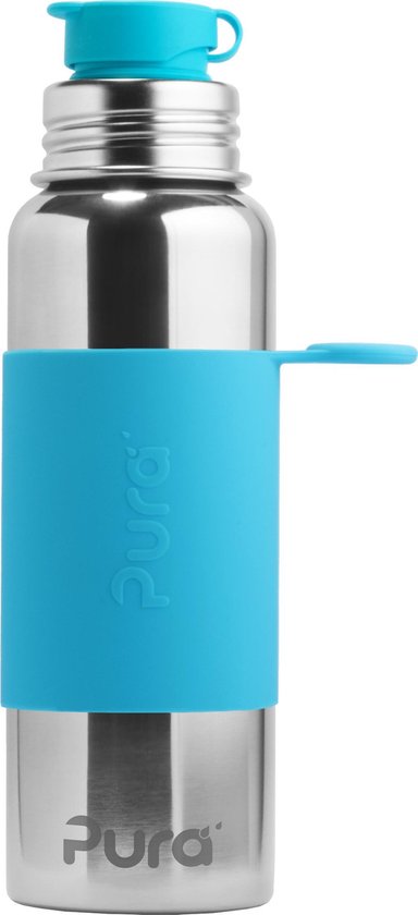 Pura Sportfles 850 ml - Drinkfles - Bidon - Plasticvrij - Roest Niet - Vaatwasserbestendig - Inclusief Sportsleeve en Sportdop - Top is Verwisselbaar - Veelzijdig - Aqua