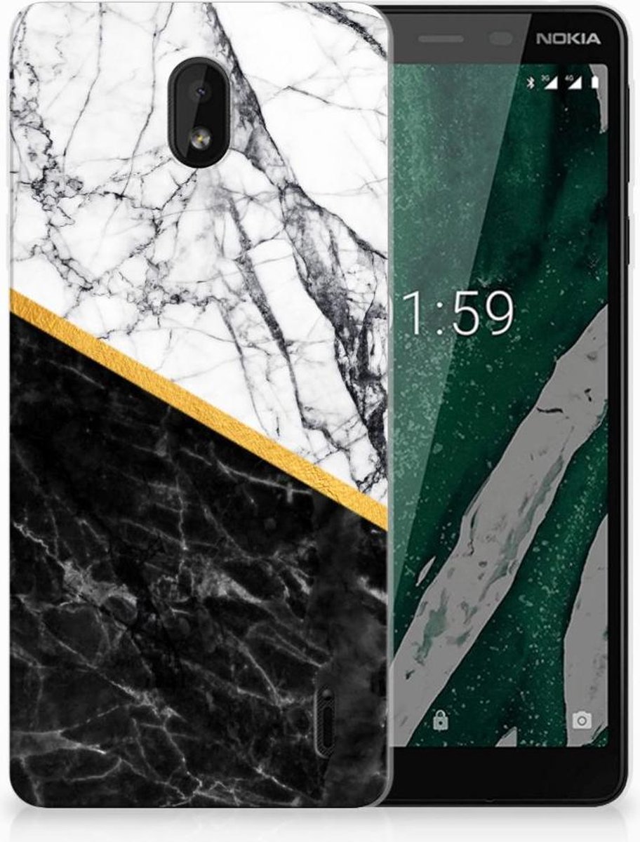 Nokia 1 Plus TPU Siliconen Hoesje Marmer Wit Zwart - Origineel Cadeau Man