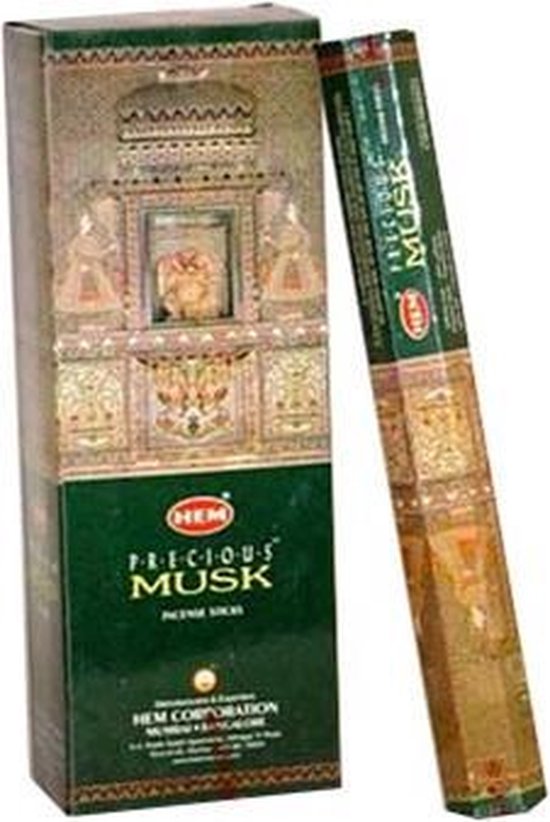 Doosje HEM Precious Musk wierook met een gedetailleerde afbeelding van een tempel. Rechts een los verpakt pakje.