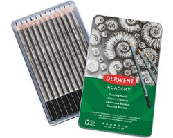 Derwent Academy Schetspotloden 6B-5H in blik - 12 Grafietpotloden in Blik - Grijs/Zwart