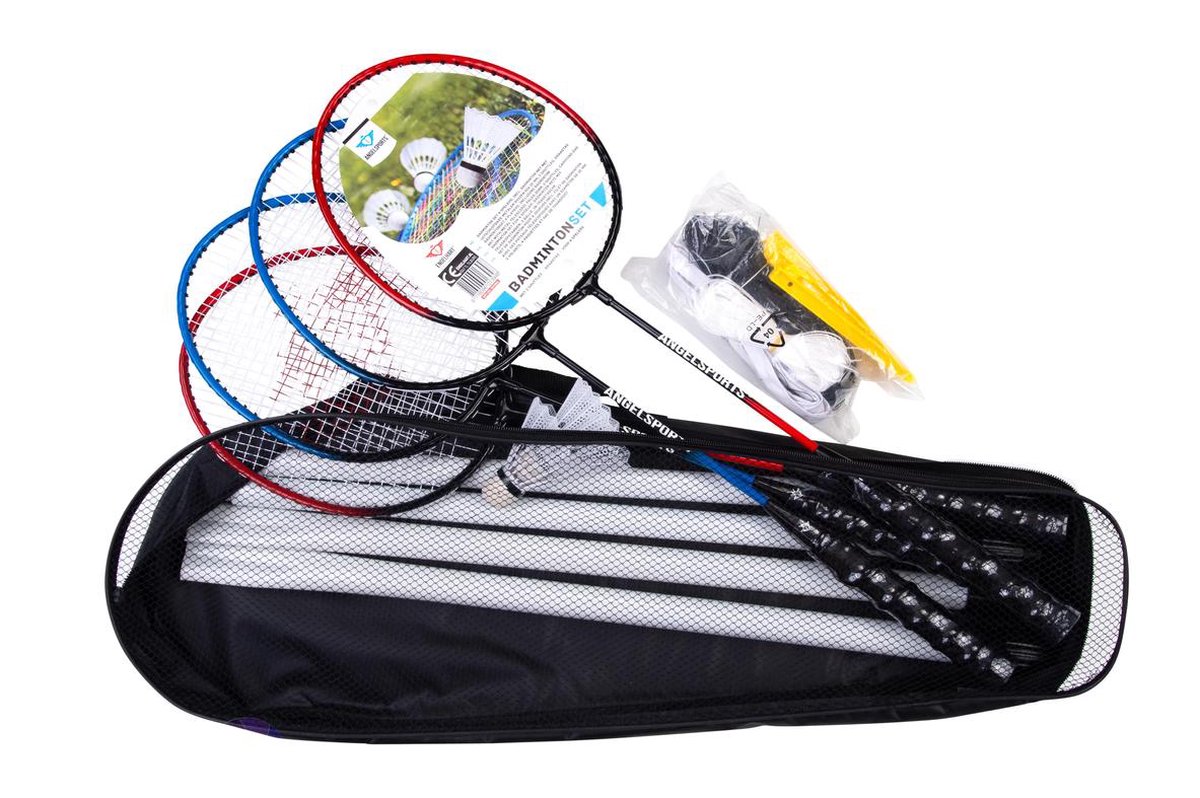 Badminton Net Set 4 Spelers – Blauw/Roze Inclusief 2 Rackets, Net, Staanders & Shuttles – Recreatief spel – Engelhart