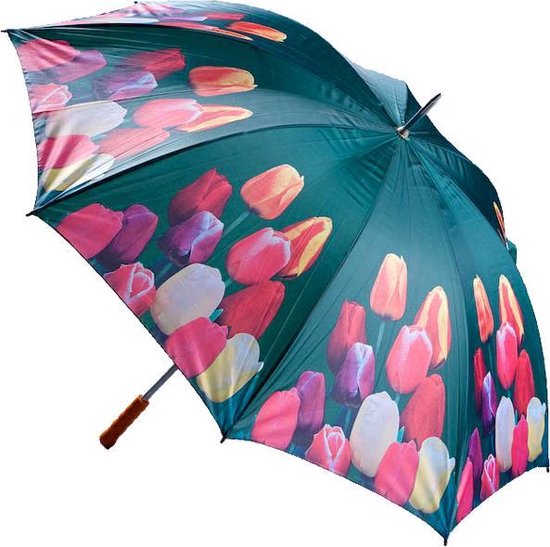 Stevige paraplu met tulpenprint en houten handvat - Multikleur Ø130cm - Zeer groot -... | bol.com