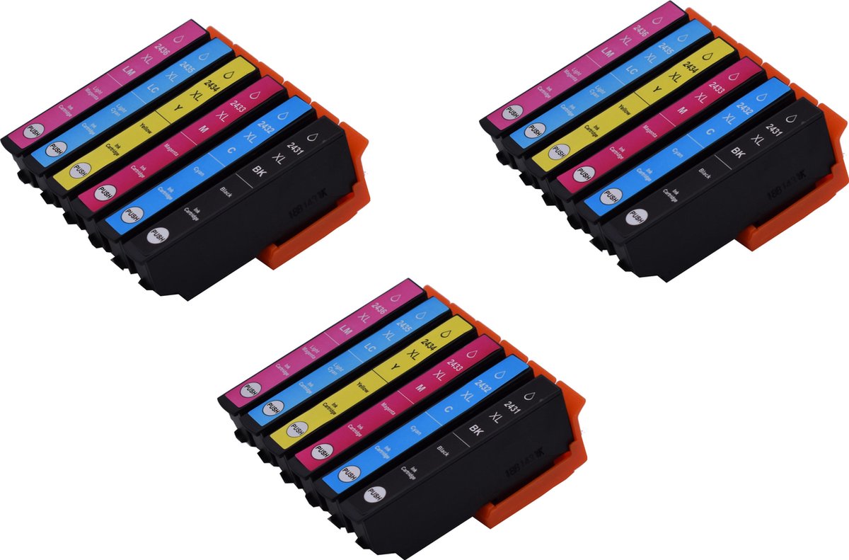 KATRIZ huismerk inkt voor|Epson 3x T2431XL Zwart+ 3x T2432XL Cyaan + 3x T2433 Magenta + 3x T2434XL Geel+ 3x T2435XL Licht Cyaan + 3x T2436XL Licht Magenta  | (18stuks) - Met chip
