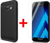 Hoesje geschikt voor Samsung Galaxy A3 2017 Geborsteld Siliconen TPU Hoesje Zwart + Screenprotector Gehard Glas 9H - 360 Graden Protectie