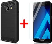 Samsung Galaxy A3 2017 Geborsteld Siliconen TPU Hoesje Zwart + Screenprotector Gehard Glas 9H - 360 Graden Protectie